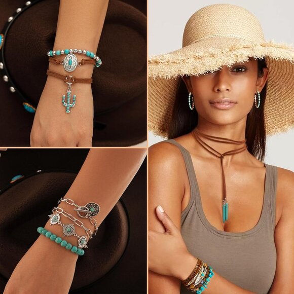 Western Turquoise Jewelry Set: Layered Necklaces, Rings, and Earrings for Women - Picture 5 of 7